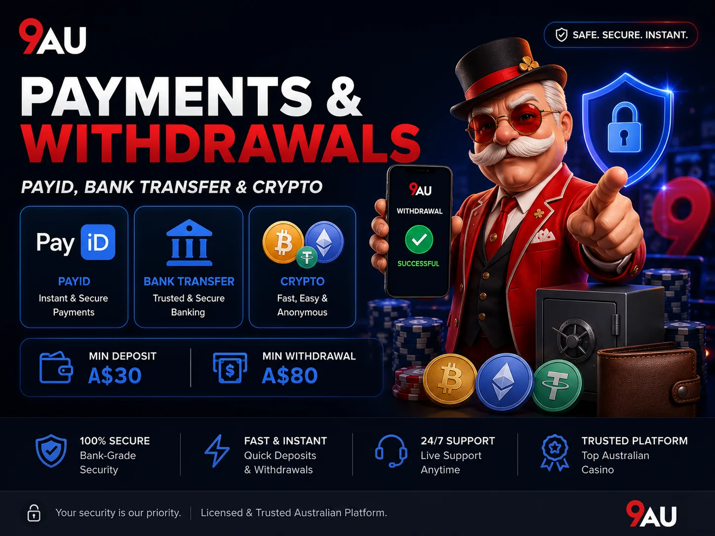 9AU payments and withdrawals with PayID bank transfer and crypto