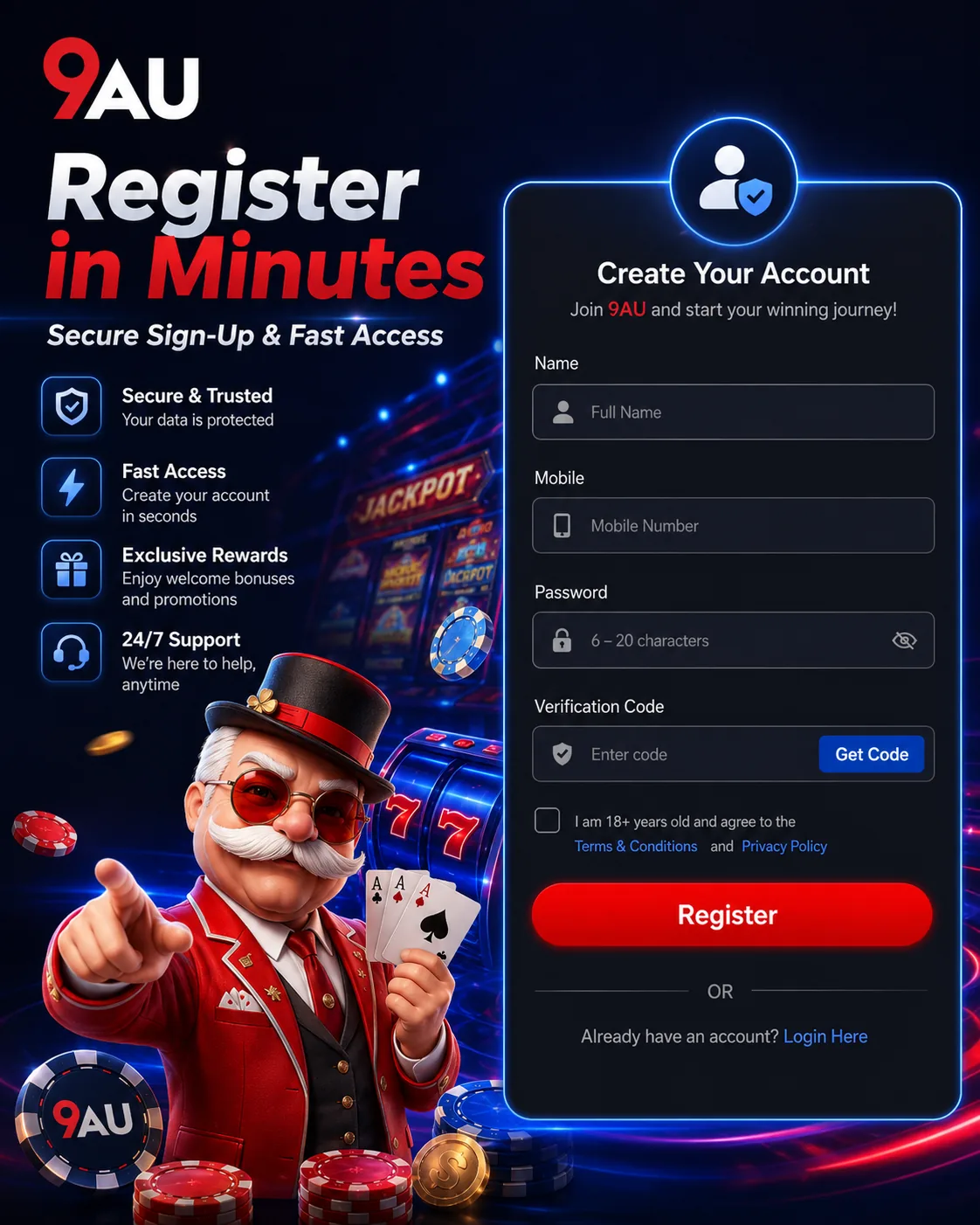 9AU register in minutes account form preview